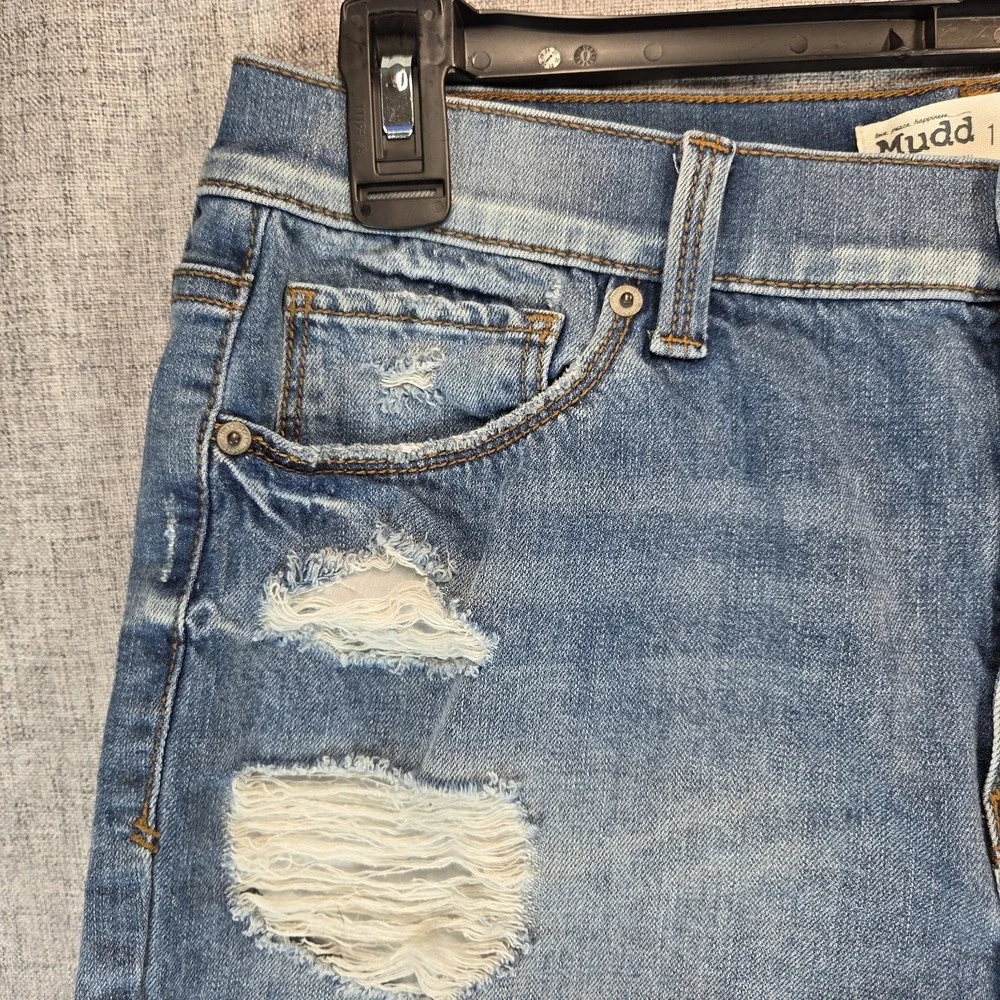 Mudd‎ High Rise Shortie Denim Shorts Size 15 FLX Stretch Distressed Blue